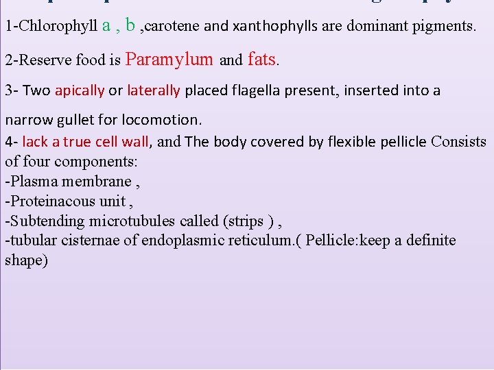 1 -Chlorophyll a , b , carotene and xanthophylls are dominant pigments. 2 -Reserve