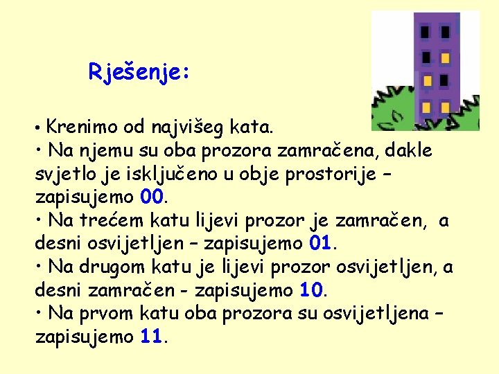 Rješenje: • Krenimo od najvišeg kata. • Na njemu su oba prozora zamračena, dakle