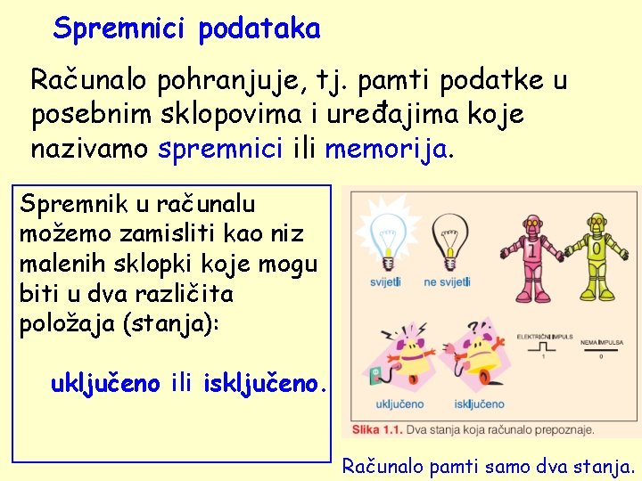 Spremnici podataka Računalo pohranjuje, tj. pamti podatke u posebnim sklopovima i uređajima koje nazivamo