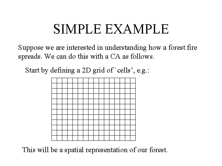 SIMPLE EXAMPLE Suppose we are interested in understanding how a forest fire spreads. We