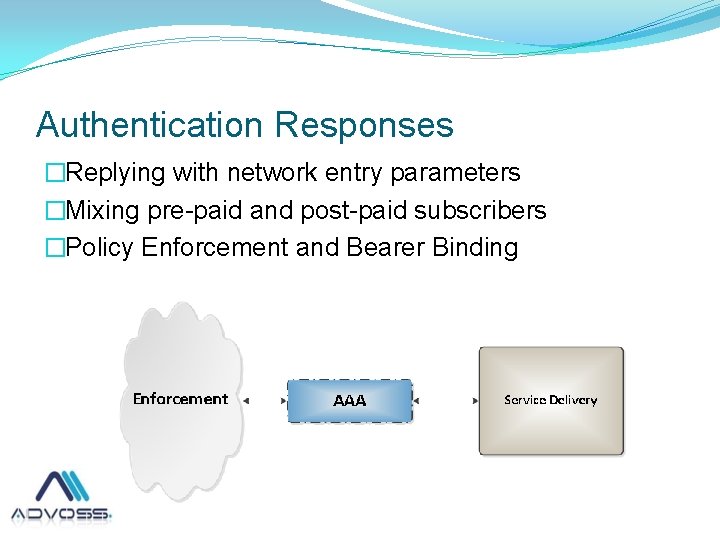 Authentication Responses �Replying with network entry parameters �Mixing pre-paid and post-paid subscribers �Policy Enforcement