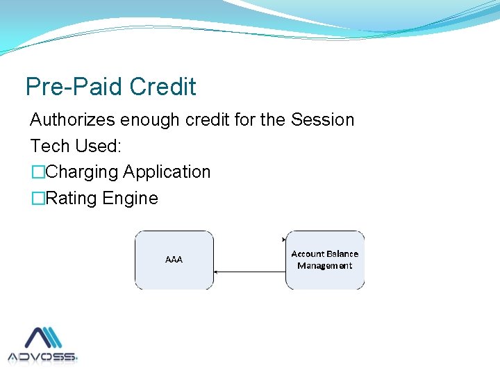 Pre-Paid Credit Authorizes enough credit for the Session Tech Used: �Charging Application �Rating Engine
