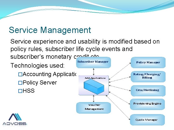 Service Management Service experience and usability is modified based on policy rules, subscriber life