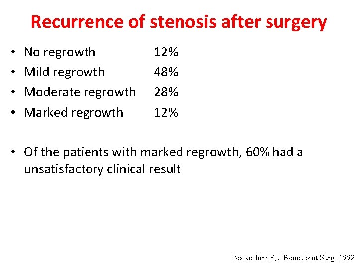 Recurrence of stenosis after surgery • • No regrowth Mild regrowth Moderate regrowth Marked