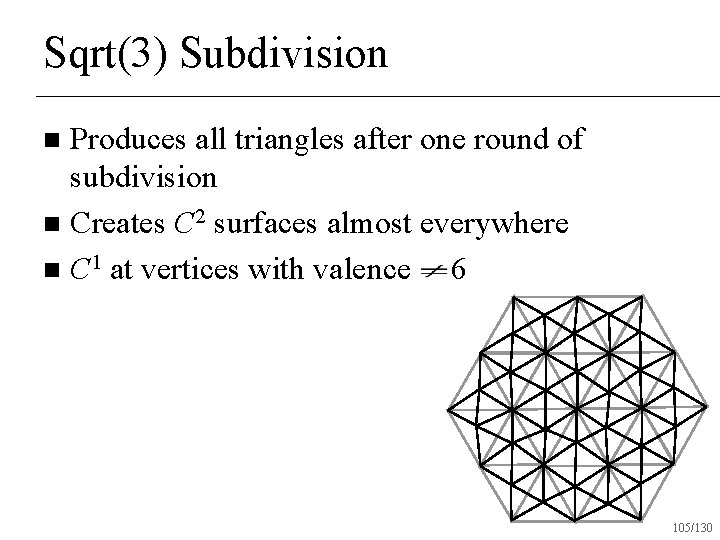 Sqrt(3) Subdivision Produces all triangles after one round of subdivision n Creates C 2