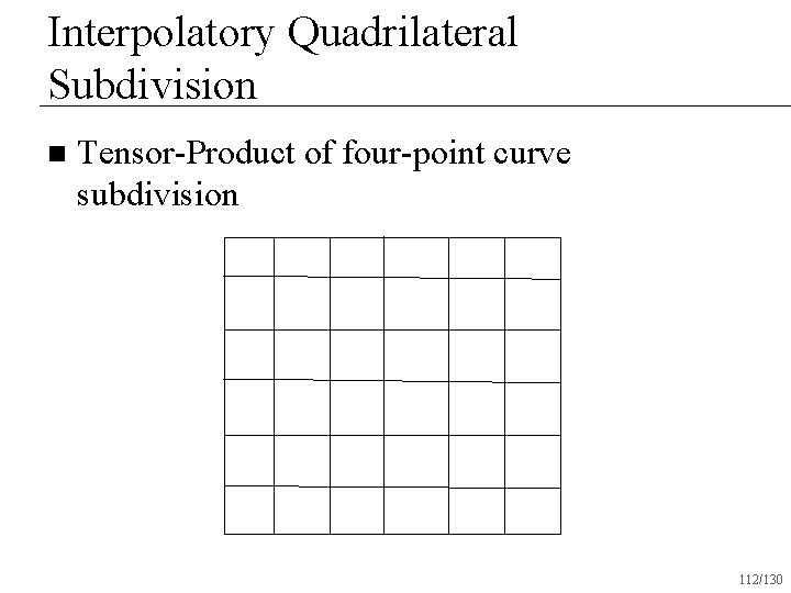 Interpolatory Quadrilateral Subdivision n Tensor-Product of four-point curve subdivision 112/130 