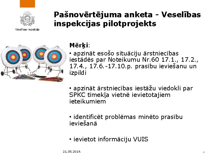 Pašnovērtējuma anketa - Veselības inspekcijas pilotprojekts Mērķi: • apzināt esošo situāciju ārstniecības iestādēs par