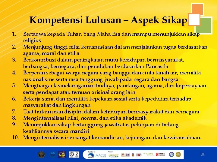 Kompetensi Lulusan – Aspek Sikap 1. Bertaqwa kepada Tuhan Yang Maha Esa dan mampu