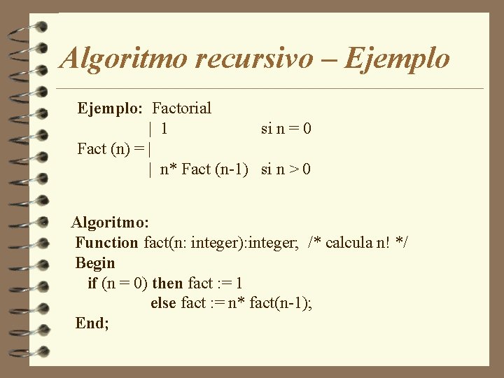 Algoritmo recursivo – Ejemplo: Factorial | 1 si n = 0 Fact (n) =