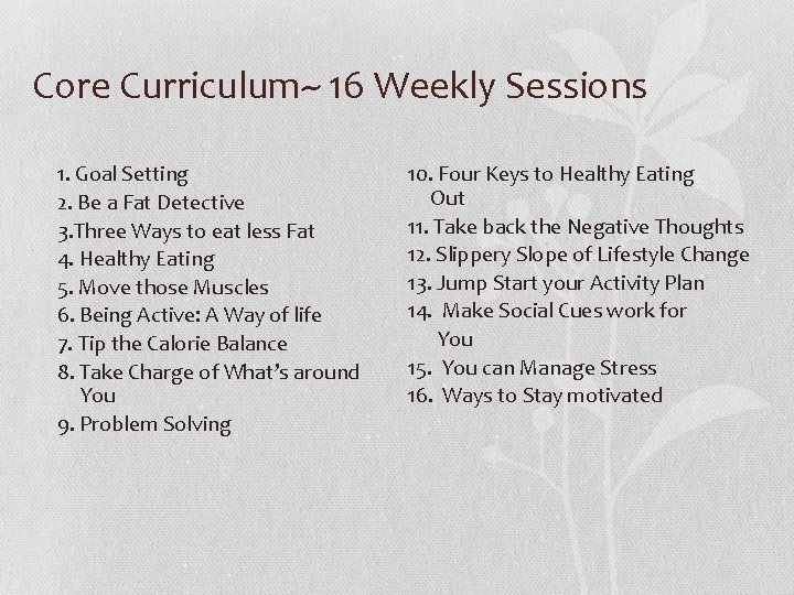 Core Curriculum~ 16 Weekly Sessions 1. Goal Setting 2. Be a Fat Detective 3.