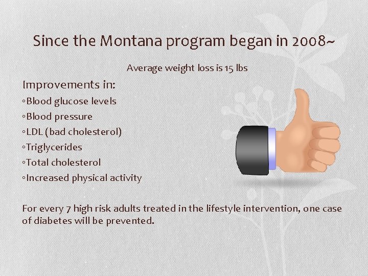 Since the Montana program began in 2008~ Average weight loss is 15 lbs Improvements