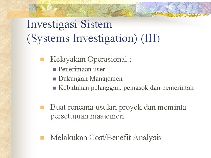 Investigasi Sistem (Systems Investigation) (III) n Kelayakan Operasional : n Penerimaan user n Dukungan