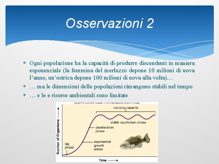 Osservazioni 2 Ogni popolazione ha la capacità di produrre discendenti in maniera esponenziale (la