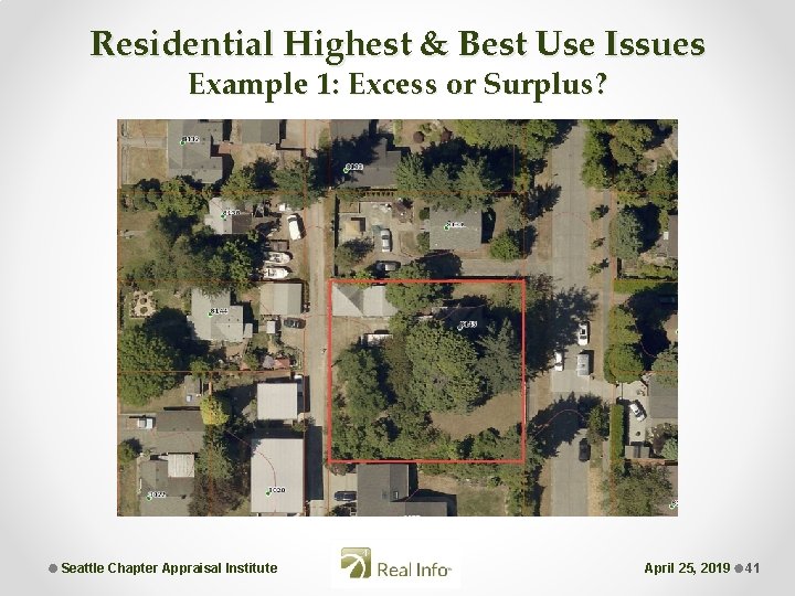 Residential Highest & Best Use Issues Example 1: Excess or Surplus? Seattle Chapter Appraisal