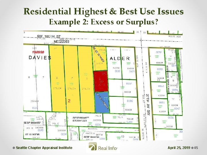 Residential Highest & Best Use Issues Example 2: Excess or Surplus? Seattle Chapter Appraisal