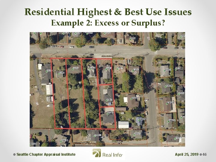 Residential Highest & Best Use Issues Example 2: Excess or Surplus? Seattle Chapter Appraisal