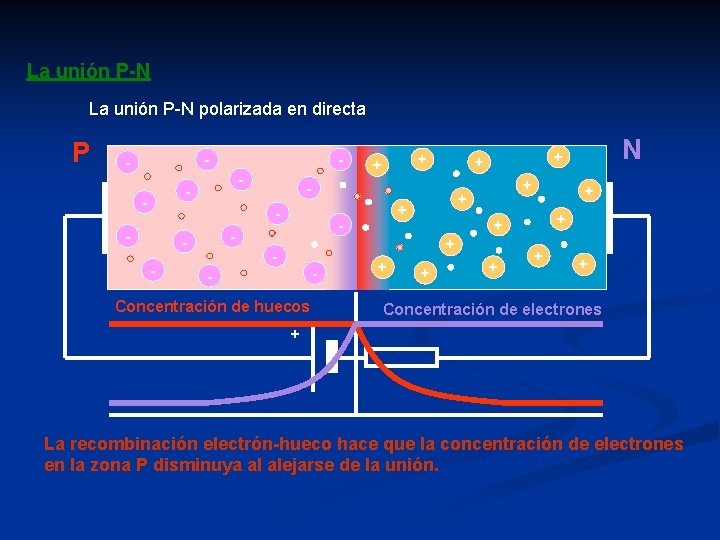 La unión P-N polarizada en directa P - - - - + + +