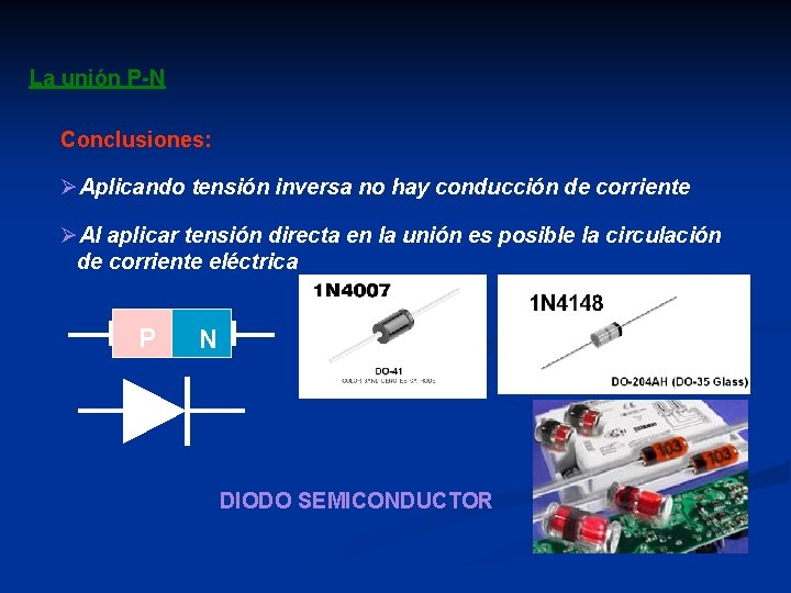 La unión P-N Conclusiones: ØAplicando tensión inversa no hay conducción de corriente ØAl aplicar