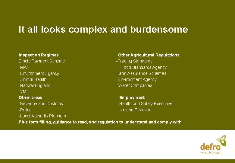 It all looks complex and burdensome Inspection Regimes Other Agricultural Regulations Single Payment Scheme