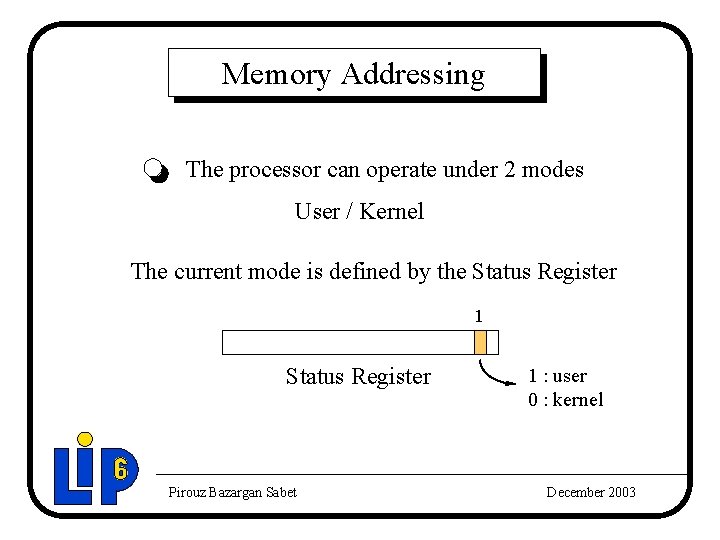 Memory Addressing The processor can operate under 2 modes User / Kernel The current