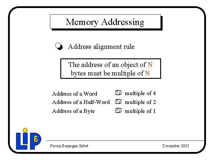 Memory Addressing Address alignment rule The address of an object of N bytes must