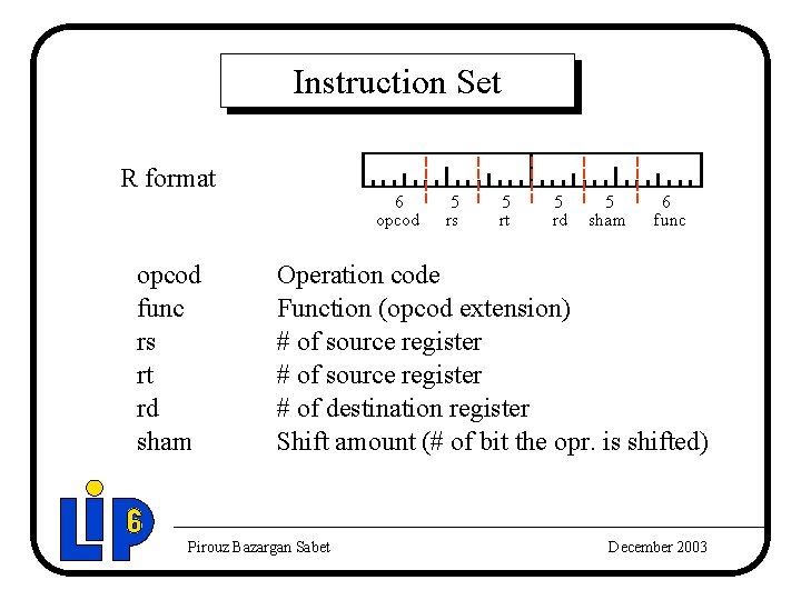 Instruction Set R format opcod func rs rt rd sham 6 opcod 5 rs