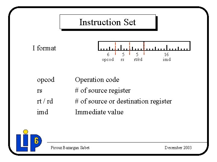 Instruction Set I format opcod rs rt / rd imd 6 opcod 5 rs