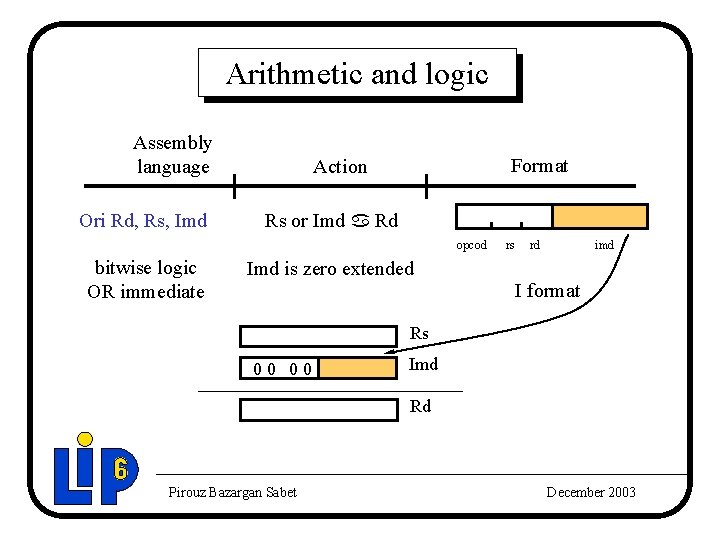 Arithmetic and logic Assembly language Ori Rd, Rs, Imd Format Action Rs or Imd