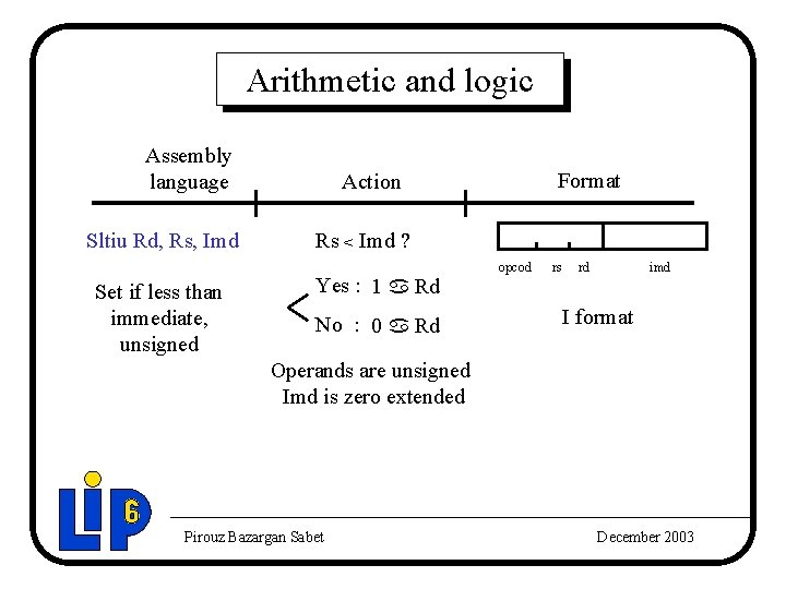 Arithmetic and logic Assembly language Sltiu Rd, Rs, Imd Set if less than immediate,