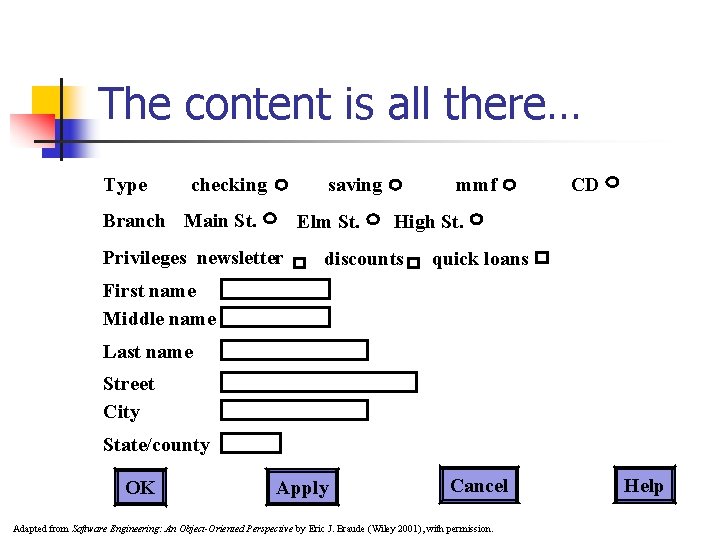 The content is all there… Type checking saving Branch Main St. Elm St. Privileges