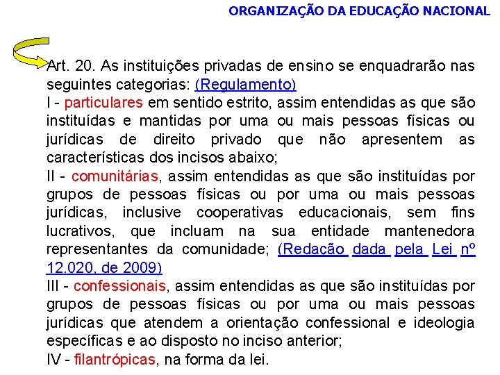 ORGANIZAÇÃO DA EDUCAÇÃO NACIONAL Art. 20. As instituições privadas de ensino se enquadrarão nas