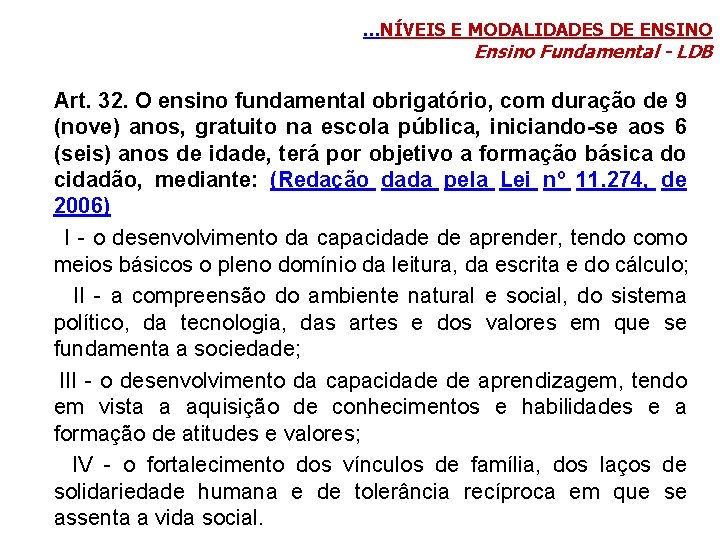 . . . NÍVEIS E MODALIDADES DE ENSINO Ensino Fundamental - LDB Art. 32.
