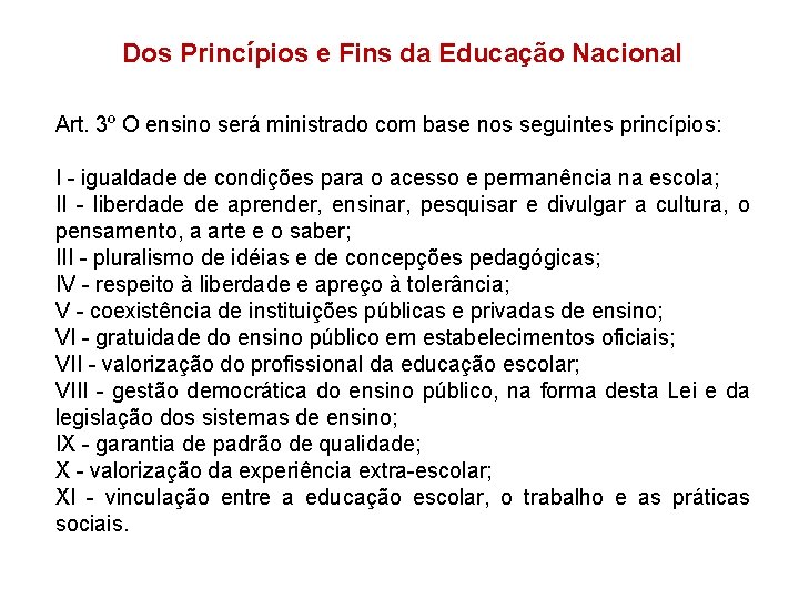 Dos Princípios e Fins da Educação Nacional Art. 3º O ensino será ministrado com