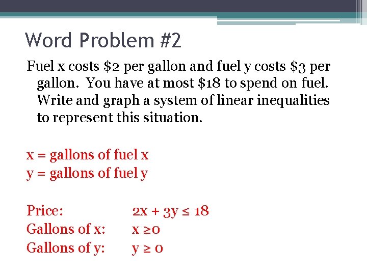 Word Problem #2 Fuel x costs $2 per gallon and fuel y costs $3