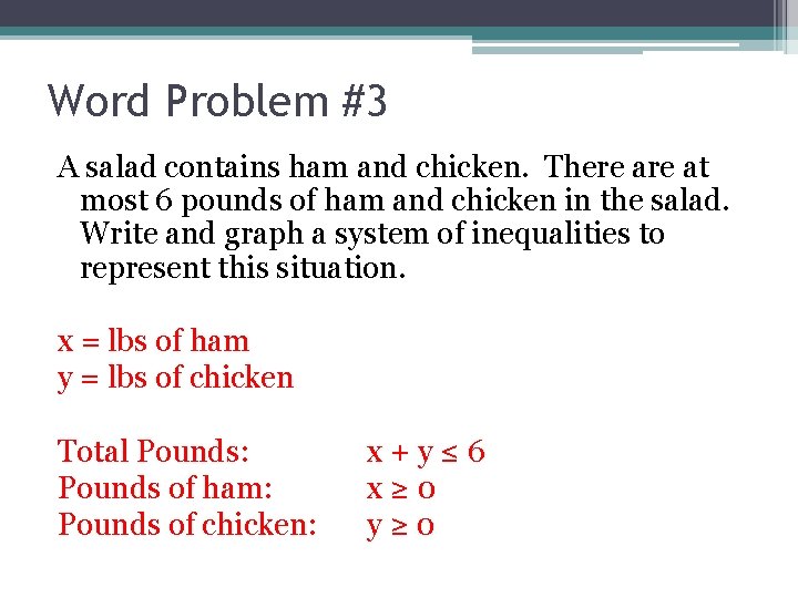 Word Problem #3 A salad contains ham and chicken. There at most 6 pounds Word Problem #3 A salad contains ham and chicken. There at most 6 pounds