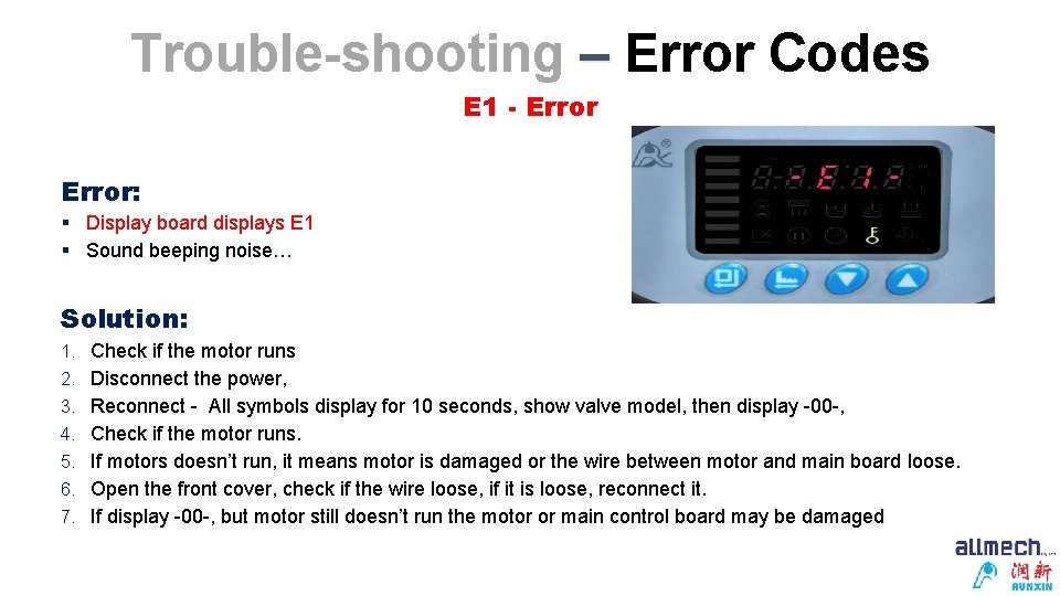 Trouble-shooting – Error Codes E 1 - Error: § Display board displays E 1