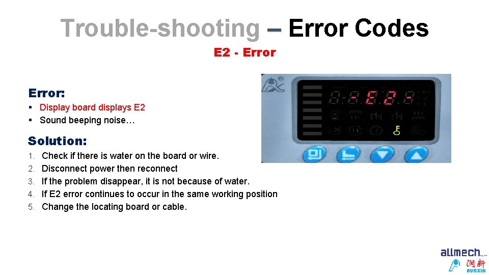 Trouble-shooting – Error Codes E 2 - Error: § Display board displays E 2