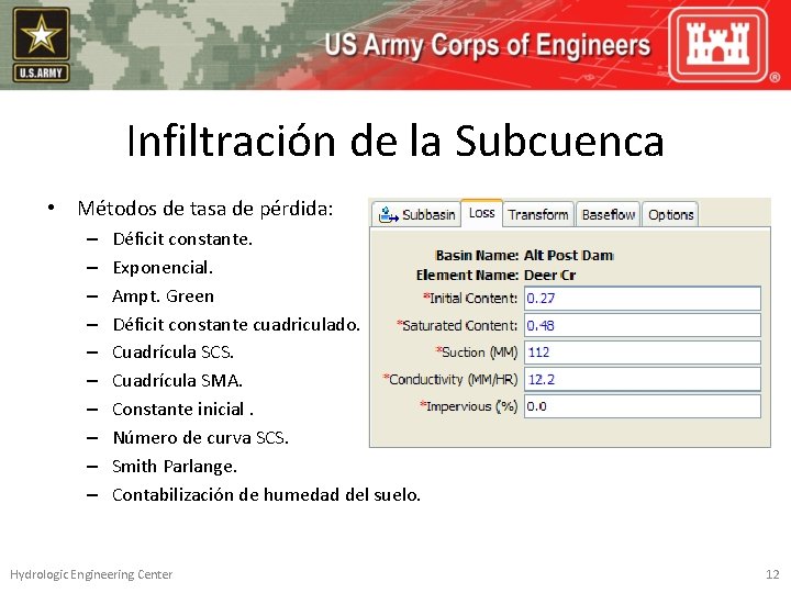 Infiltración de la Subcuenca • Métodos de tasa de pérdida: – – – –