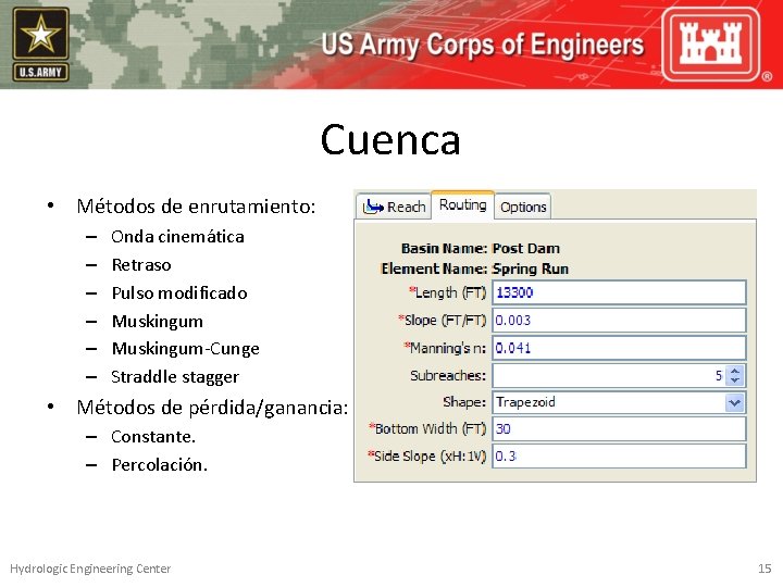 Cuenca • Métodos de enrutamiento: – – – Onda cinemática Retraso Pulso modificado Muskingum-Cunge