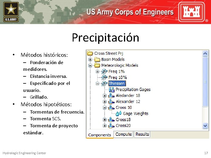 Precipitación • Métodos históricos: – Ponderación de medidores. – Distancia inversa. – Especificado por