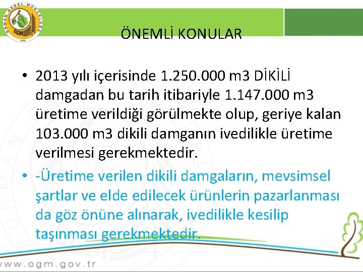 ÖNEMLİ KONULAR • 2013 yılı içerisinde 1. 250. 000 m 3 DİKİLİ damgadan bu