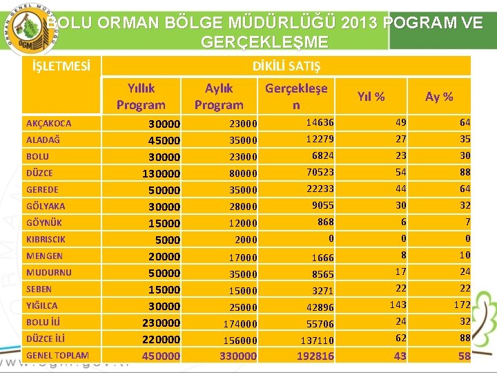 BOLU ORMAN BÖLGE MÜDÜRLÜĞÜ 2013 POGRAM VE GERÇEKLEŞME İŞLETMESİ DİKİLİ SATIŞ Yıllık Program AKÇAKOCA