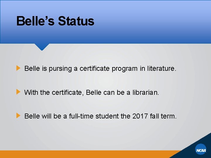 Belle’s Status Belle is pursing a certificate program in literature. With the certificate, Belle