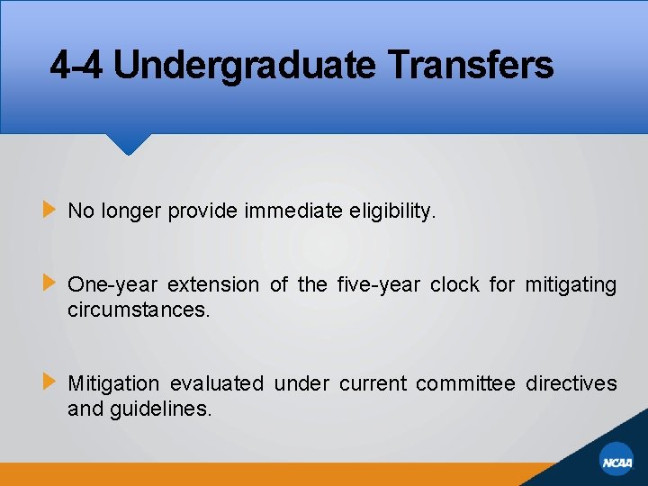 4 -4 Undergraduate Transfers No longer provide immediate eligibility. One-year extension of the five-year