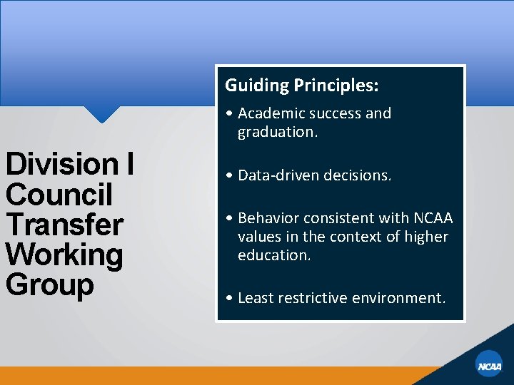 Guiding Principles: • Academic success and graduation. Division I Council Transfer Working Group •