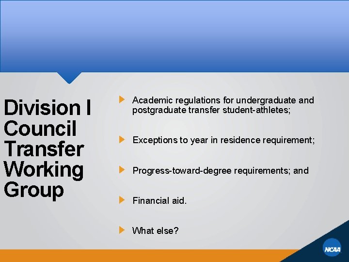 Division I Council Transfer Working Group Academic regulations for undergraduate and postgraduate transfer student-athletes;