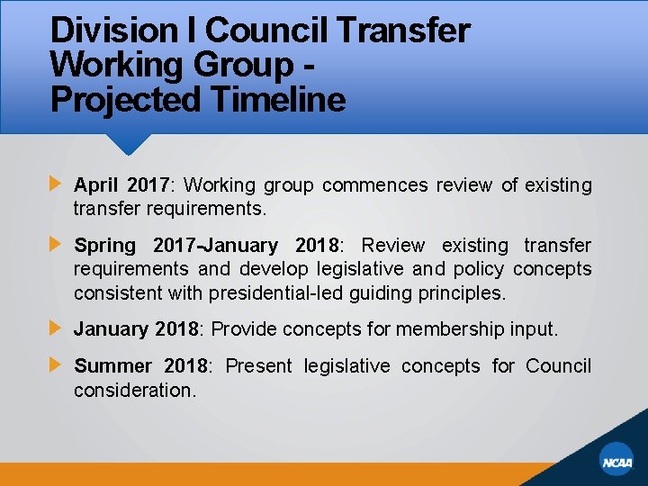 Division I Council Transfer Working Group Projected Timeline April 2017: Working group commences review