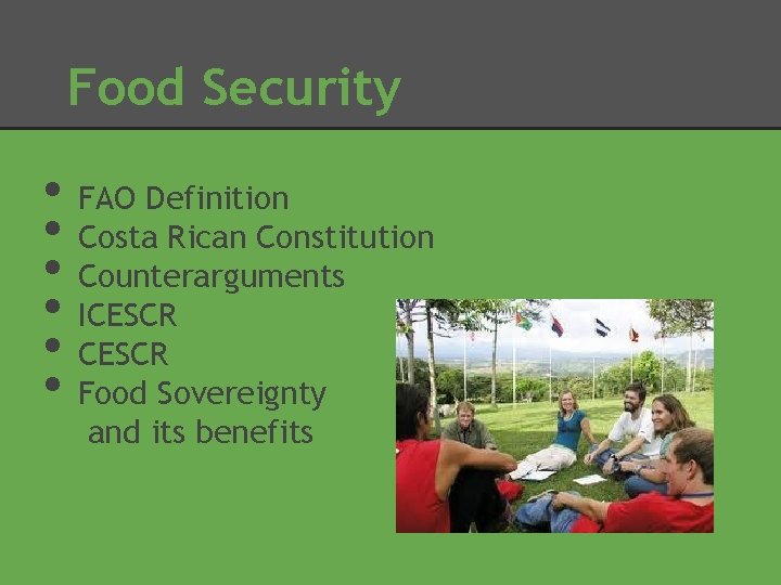 Food Security • • • FAO Definition Costa Rican Constitution Counterarguments ICESCR Food Sovereignty