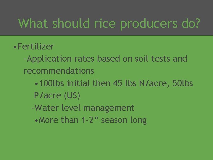 What should rice producers do? • Fertilizer –Application rates based on soil tests and
