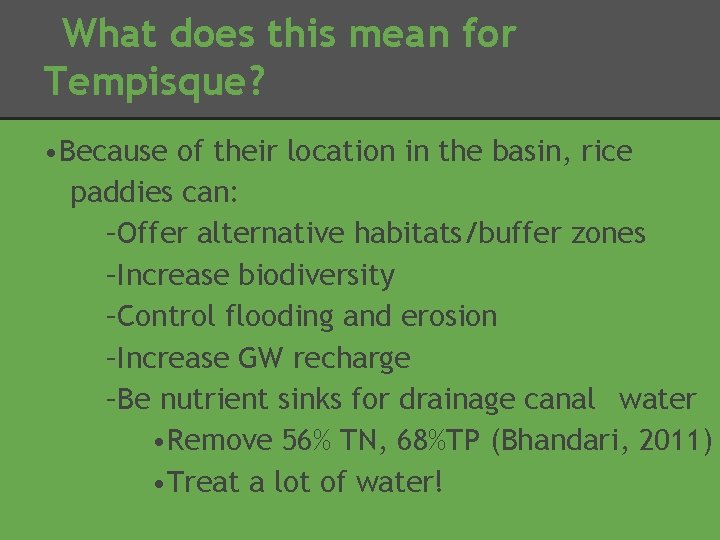 What does this mean for Tempisque? • Because of their location in the basin,